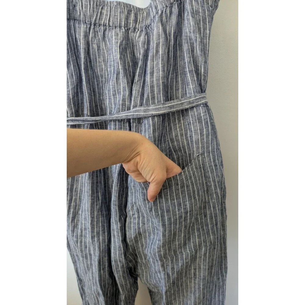 Quince 100% European Linen Square Neck Jumpsuit M Blue Stripe Wide Leg Relaxed